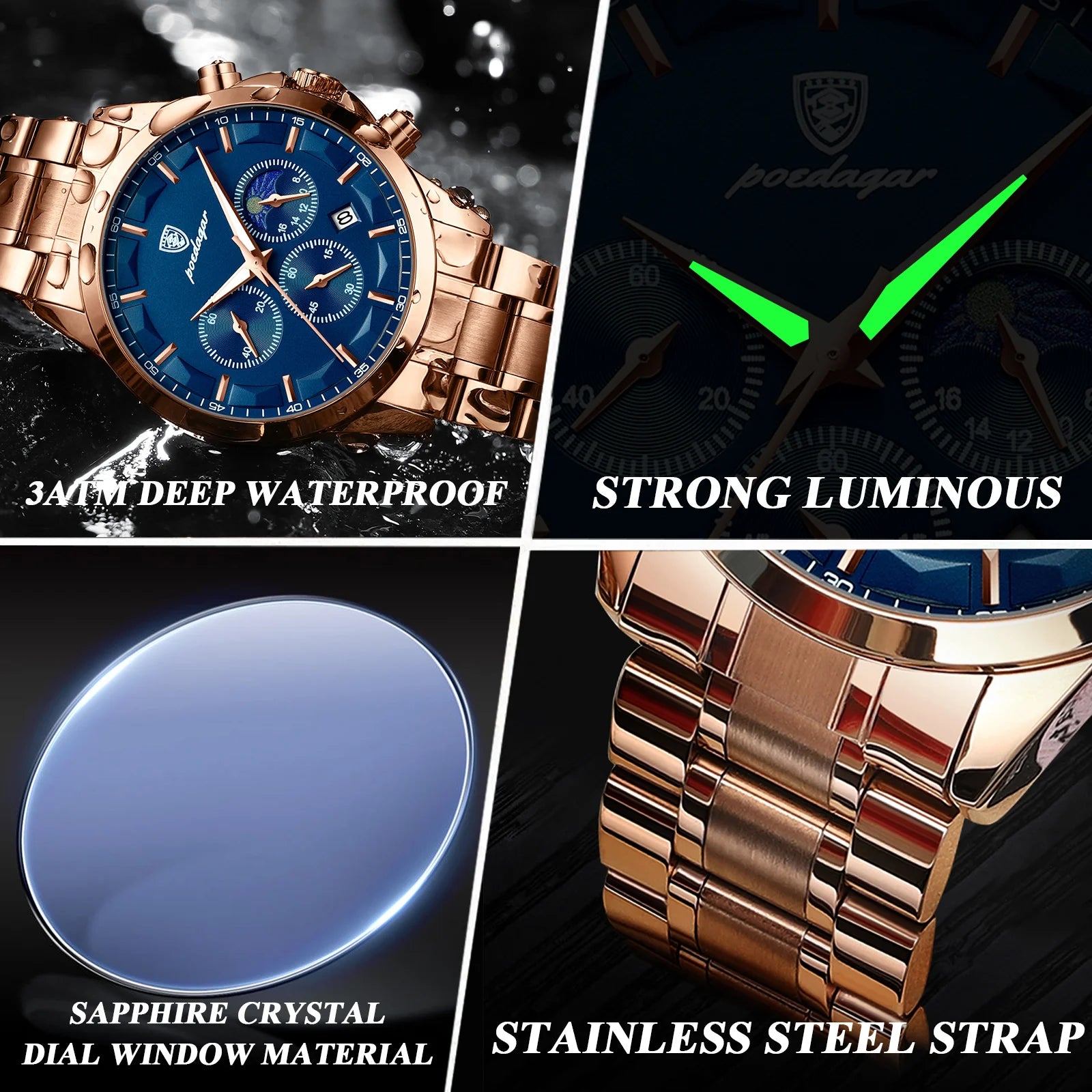 POEDAGAR Luxury Men Watch Waterproof Luminous Chronograph Man Wristwatch High Quality Stainless Steel Sport Men's Quartz Watches